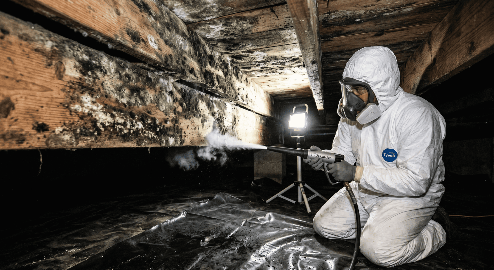 Mold on crawl space floor joists before 20-mil vapor barrier encapsulation in a Spokane WA home