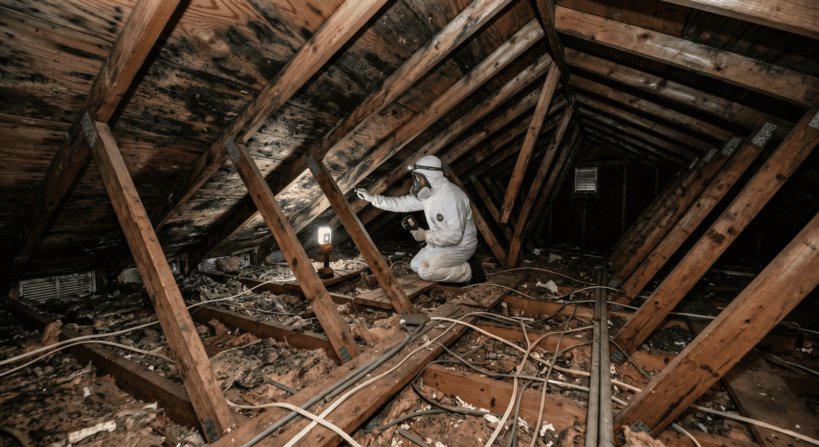 Mold growth on attic rafters and roof sheathing caused by condensation in a North Spokane WA home