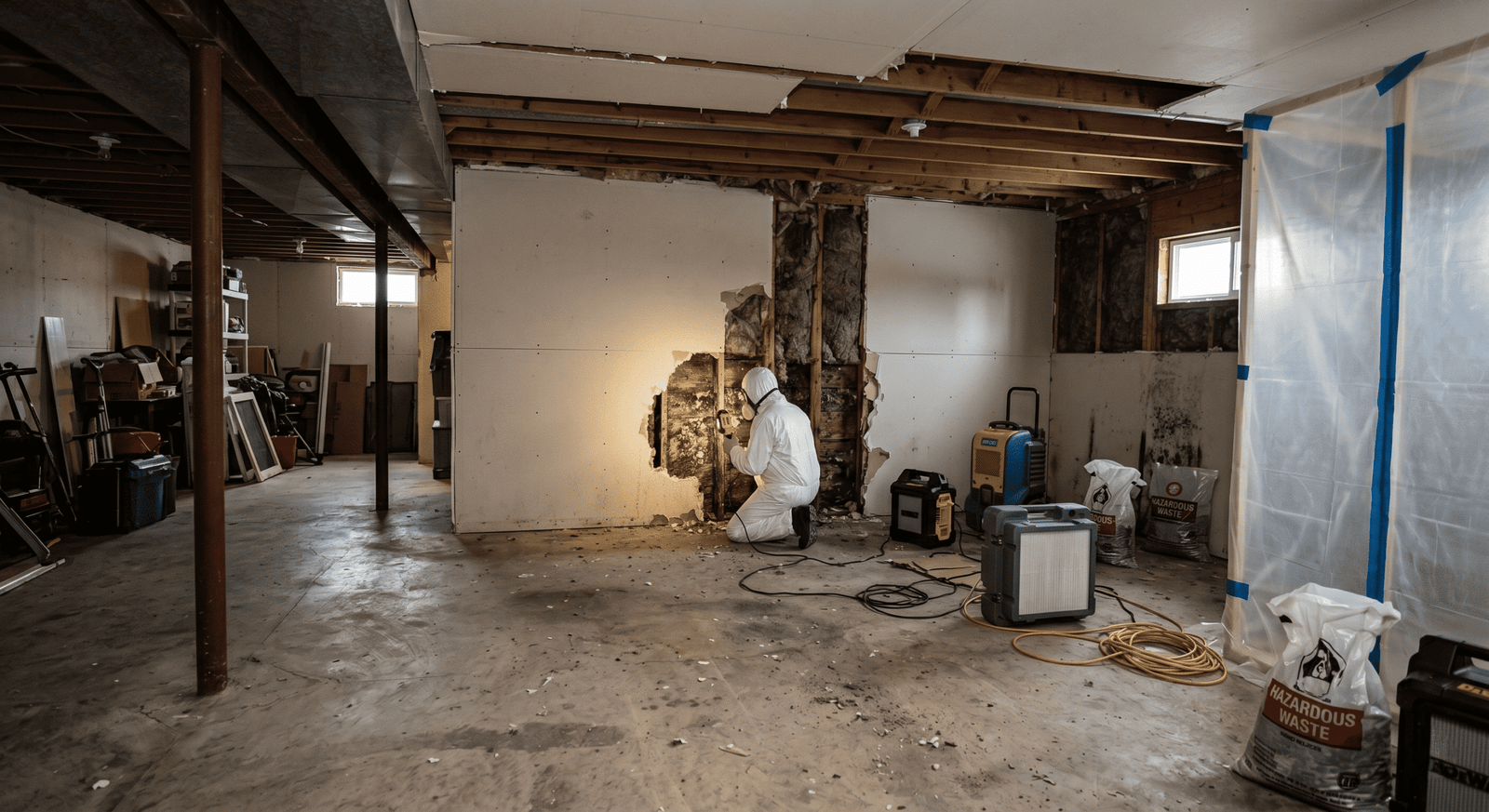IICRC S520 mold remediation in progress — technician in PPE removing contaminated material under containment in a Spokane WA home