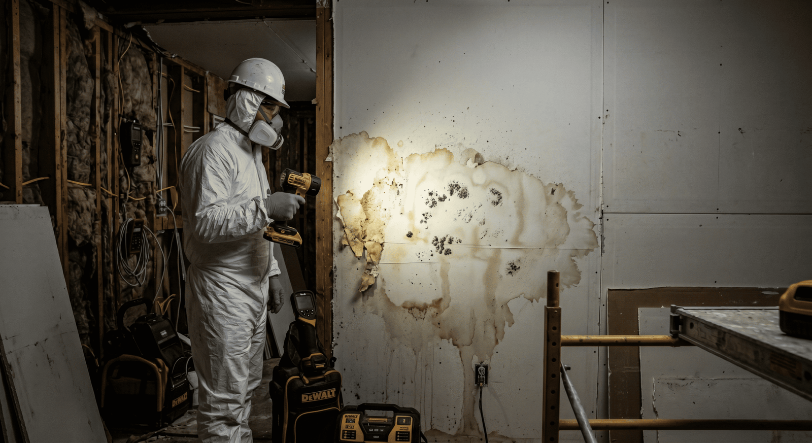 IICRC S520 mold remediation in progress — technician removing contaminated drywall under containment in Spokane WA