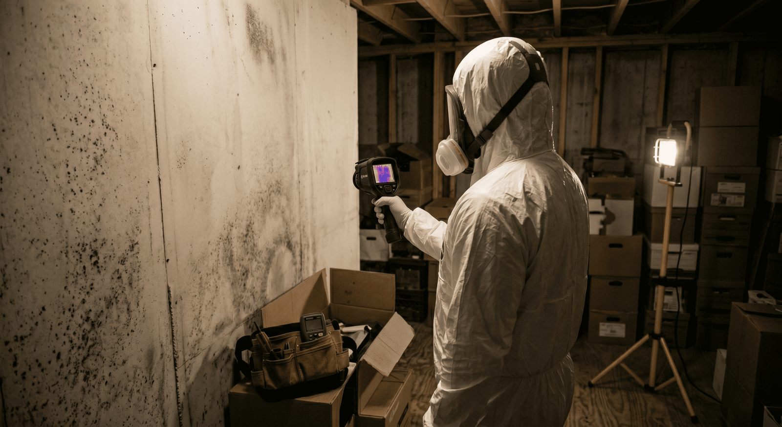 Thermal imaging camera revealing a hidden moisture cold spot behind a wall during a Spokane mold inspection