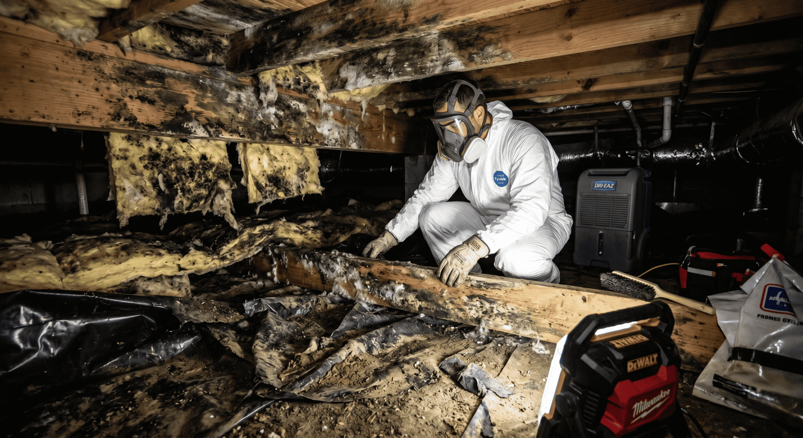 Black mold (Stachybotrys) growth on a water-damaged surface in a Spokane WA home requiring elevated containment